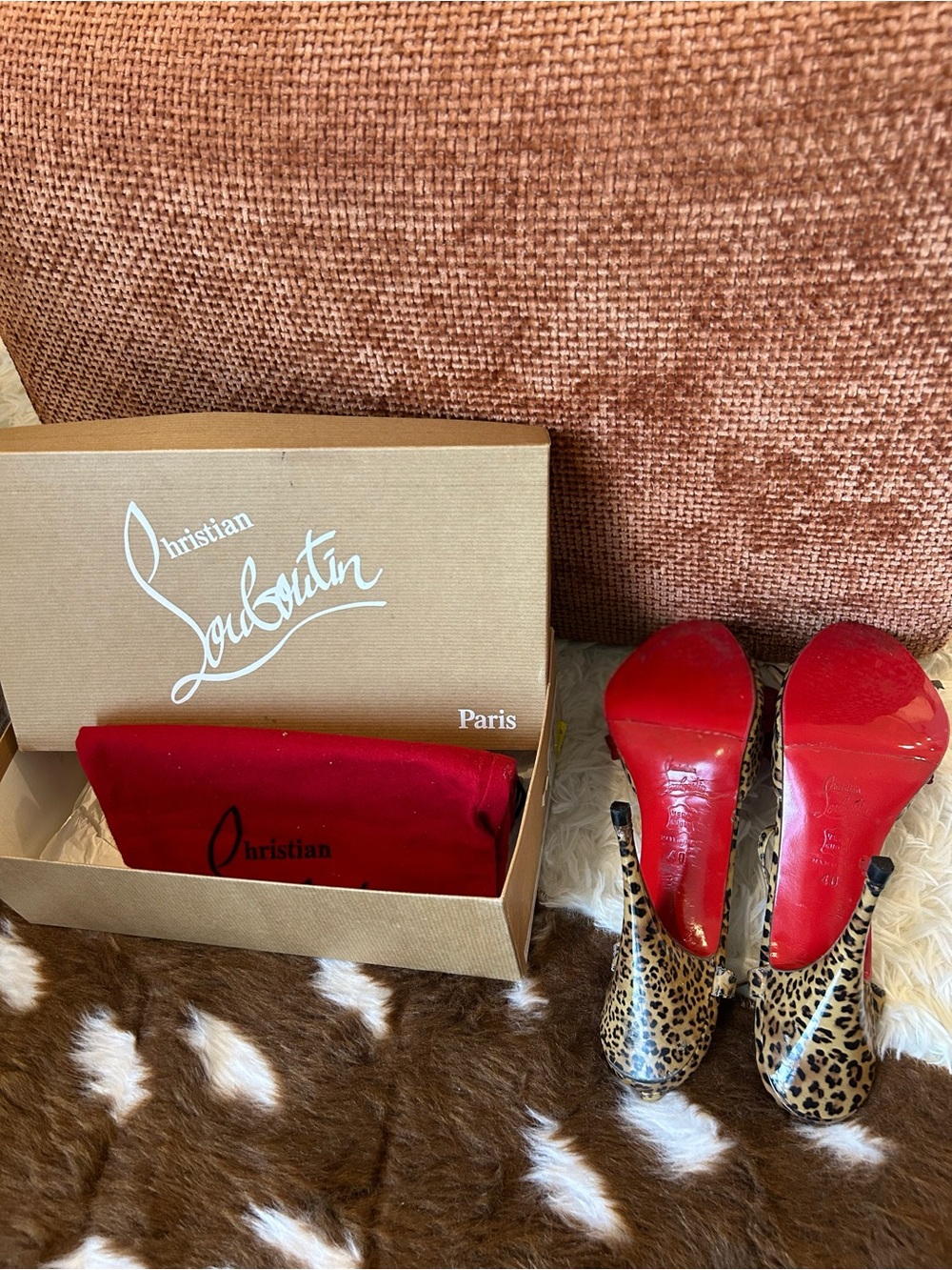 Christian Louboutin Leopard Print Patent Leather T-Strap Peep Toe Heels - Picture 5 of 9